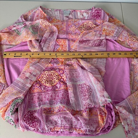 Chicos Blouse Coastal Tile Chiffon Bubble Hem Pink Orange XL - Picture 6 of 12